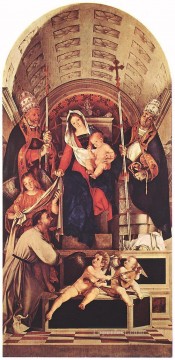 ロレンツォ・ロット Painting - 聖母子と聖ドミニク・グレゴリーとアーバン・ルネッサンスのロレンツォ・ロット
